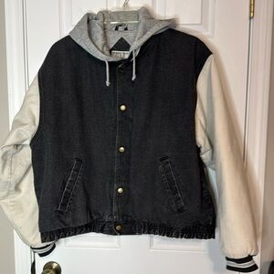 Vintage Yukon Travel Letterman Varsity Denim Hooded Jacket - Size XL